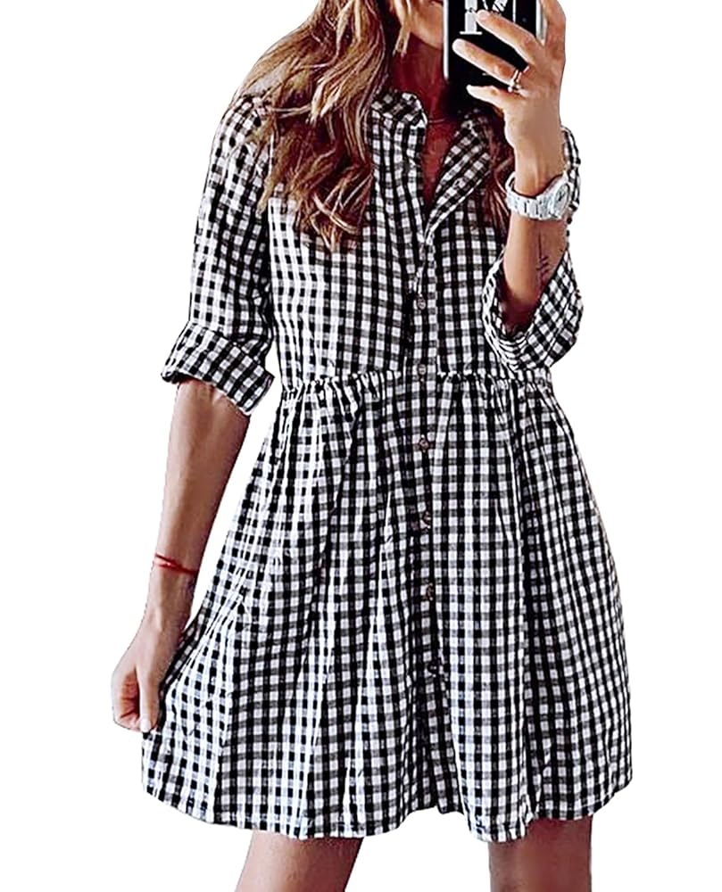 sheller flocky check long shirt dress 美品 FANCYINN Women's Gingham Stand Collar Shirt Dress Button